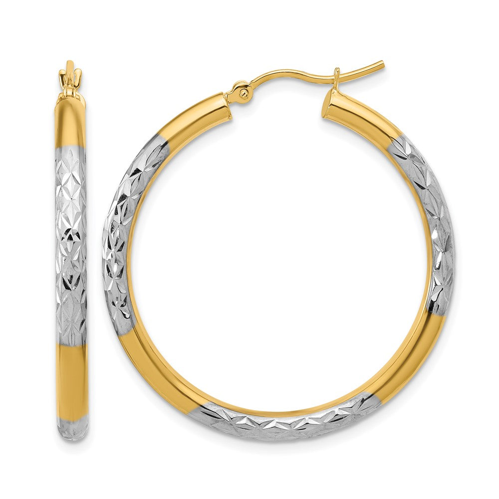 10K with Rhodium Diamond Cut 3mm Hoop Earrings