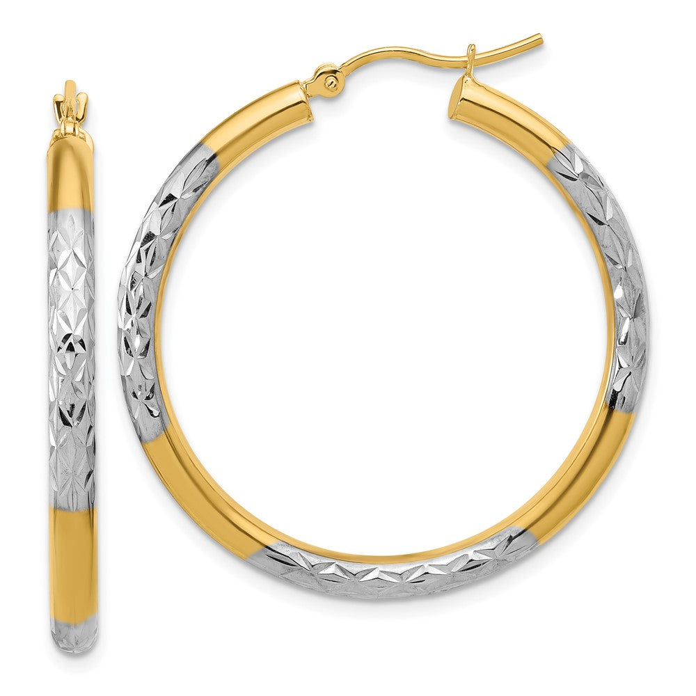 10K with Rhodium Diamond Cut 3mm Hoop Earrings