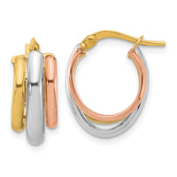 Load image into Gallery viewer, 10K with White Rhodium and Rose Gold Plating Polished 3 Row Oval Hoop Earrings

