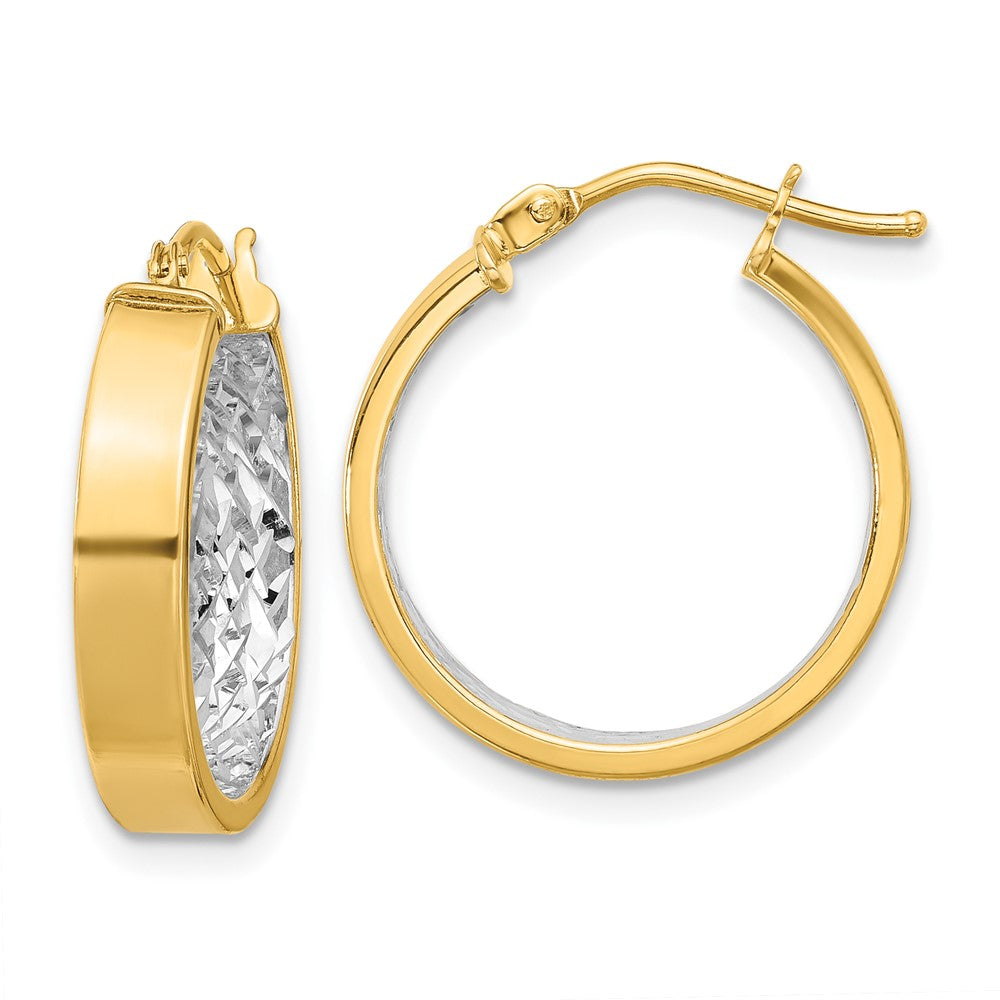 10K w/ White Rhodium Polished and Diamond-cut Hoop Earrings