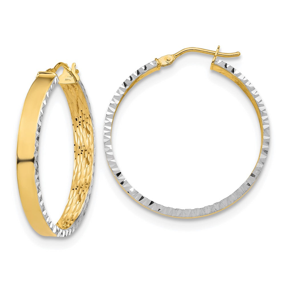 10K w/ White Rhodium Polished and Diamond-cut Hoop Earrings