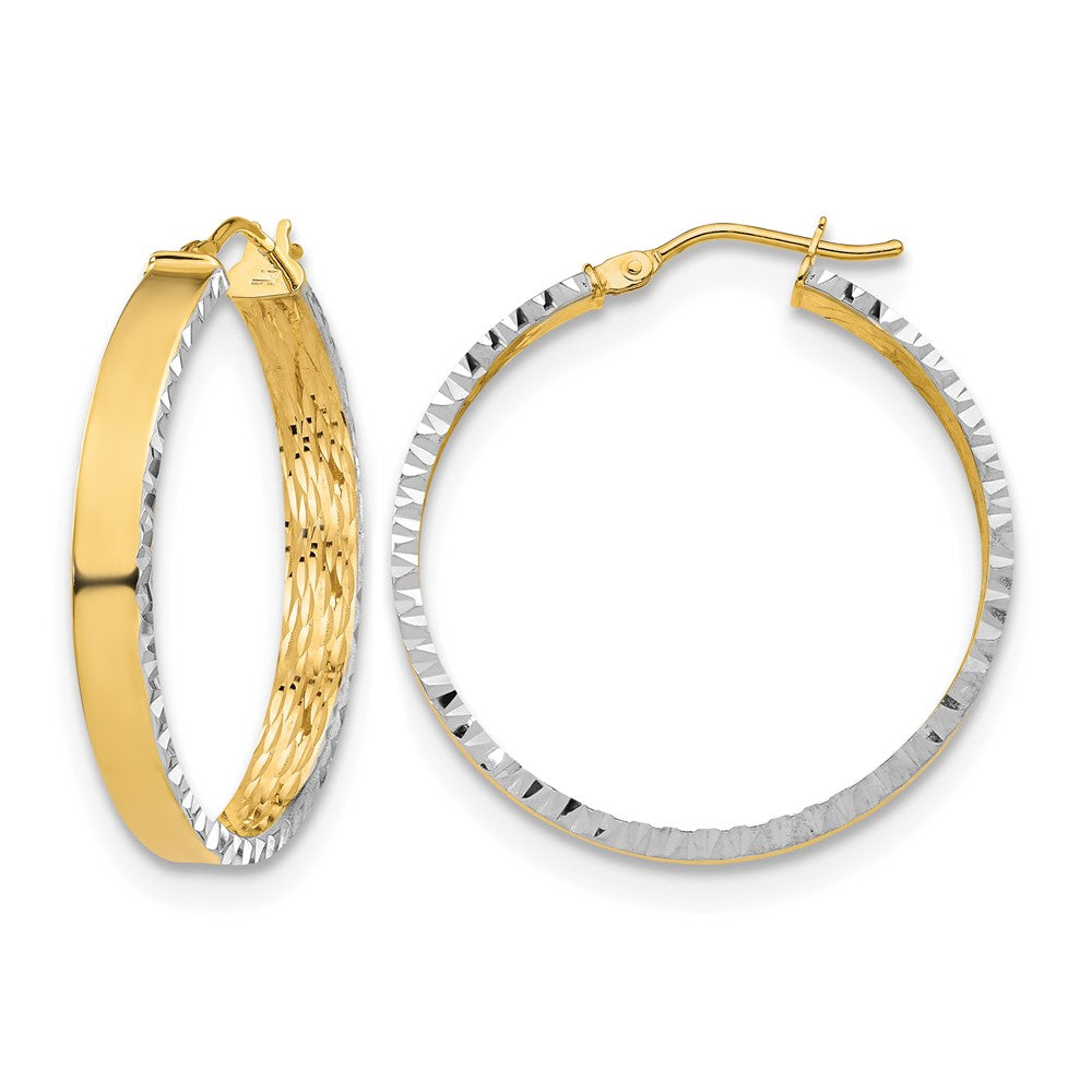 10K w/ White Rhodium Polished and Diamond-cut Hoop Earrings
