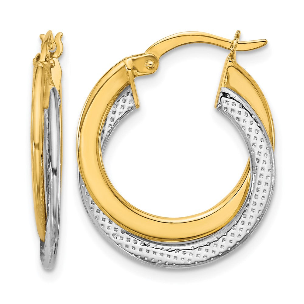 10K with Rhodium Polished and Textured Fancy Hoop Earrings