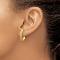 Load image into Gallery viewer, 10K w/Rhodium Polished/Satin/Diamond-cut Fancy Hoop Earrings
