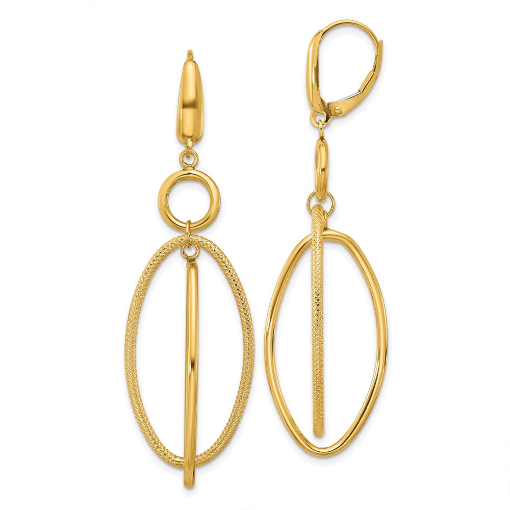 10k Polished and Textured Oval Dangle Leverback Earrings