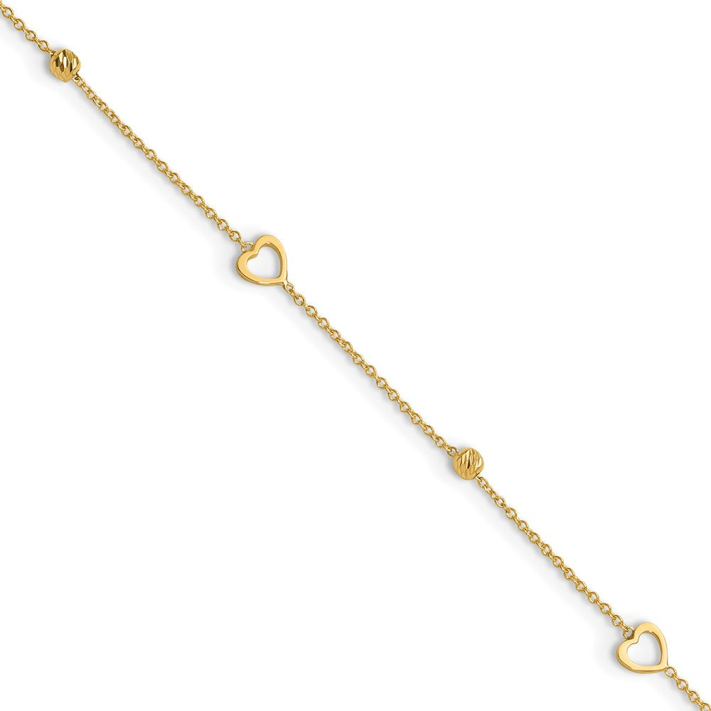 10K Polished and Dia-cut Heart 10in Plus 1in ext. Anklet