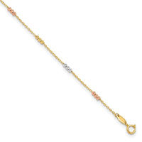 Load image into Gallery viewer, 10K Tri-color Polished with D/C Bead 9in Plus 1in. ext. Anklet
