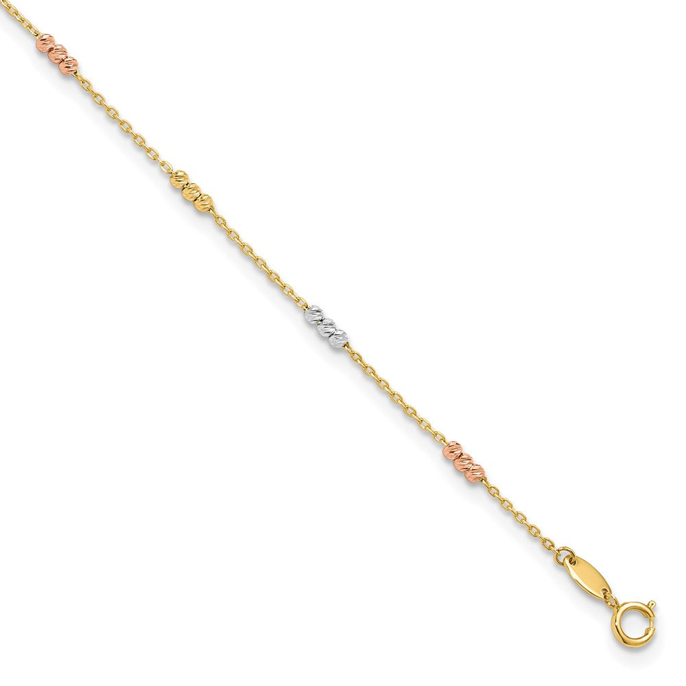 10K Tri-color Polished with D/C Bead 9in Plus 1in. ext. Anklet