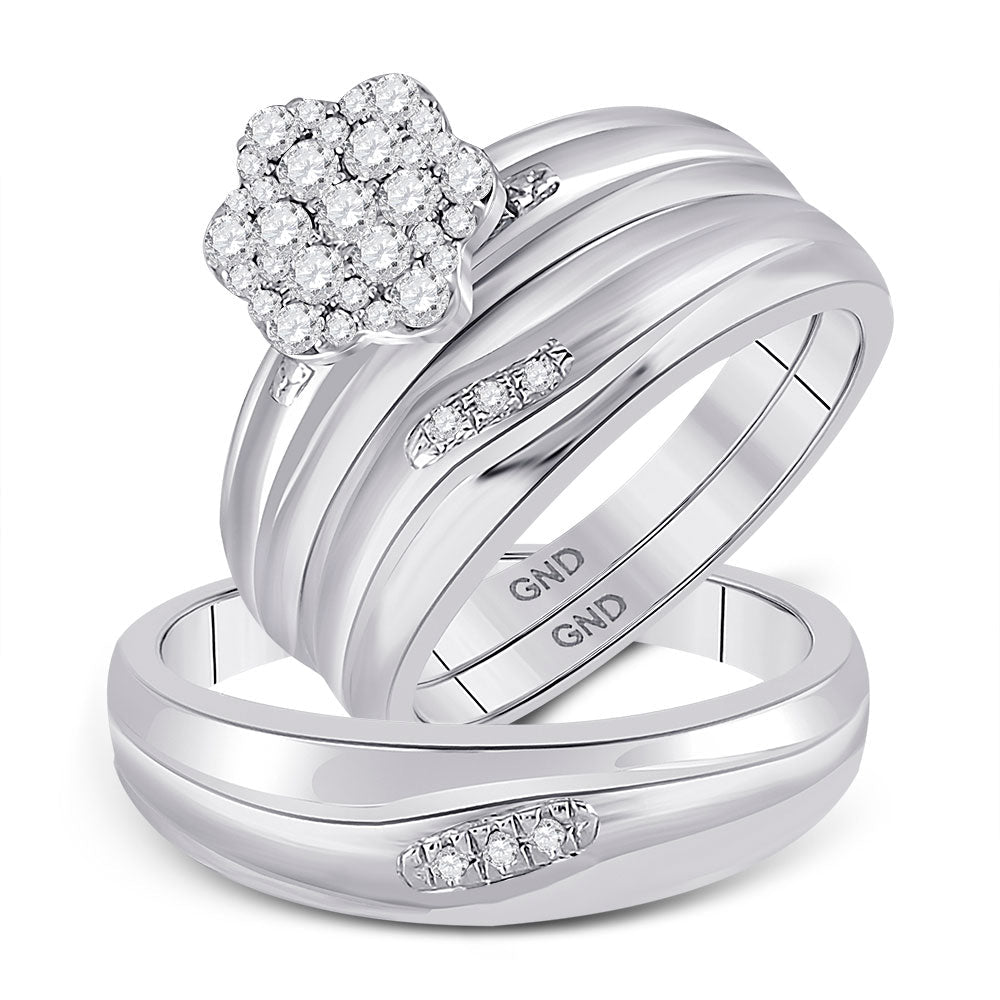 10kt White Gold His Hers Round Diamond Cluster Matching Wedding Set 3/8 Cttw
