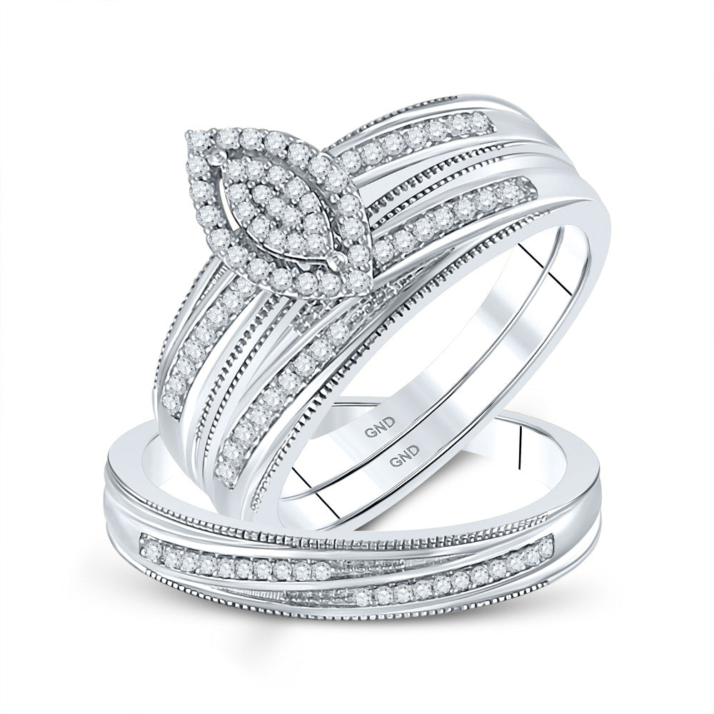 10kt White Gold His Hers Round Diamond Cluster Matching Wedding Set 1/4 Cttw