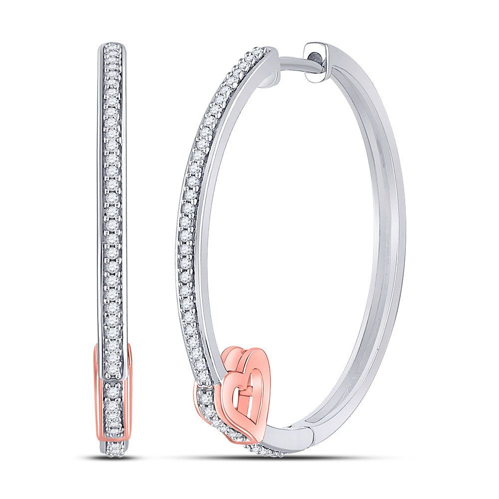 10kt Two-tone Gold Womens Round Diamond Hoop Heart Earrings 1/4 Cttw
