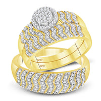 Load image into Gallery viewer, 10kt Yellow Gold His Hers Round Diamond Cluster Matching Wedding Set 1/2 Cttw
