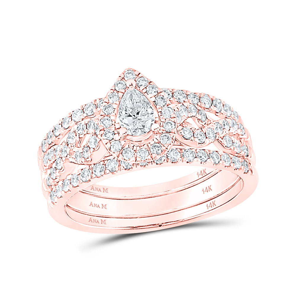 14kt Rose Gold Pear Diamond 3-Piece Bridal Wedding Ring Band Set 7/8 Cttw