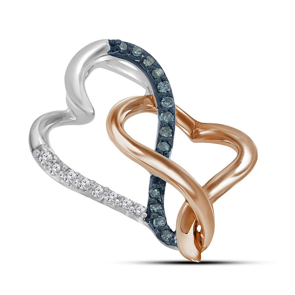 Two-Tone Sterling Silver Womens Round Blue Color Enhanced Diamond Heart Pendant 1/20 Cttw
