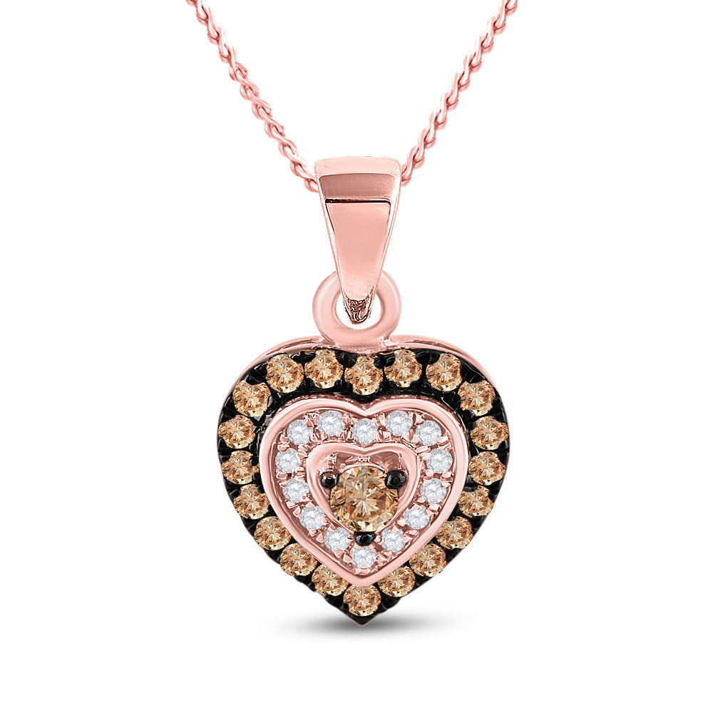 10kt Rose Gold Womens Round Brown Diamond Heart Pendant 1/3 Cttw