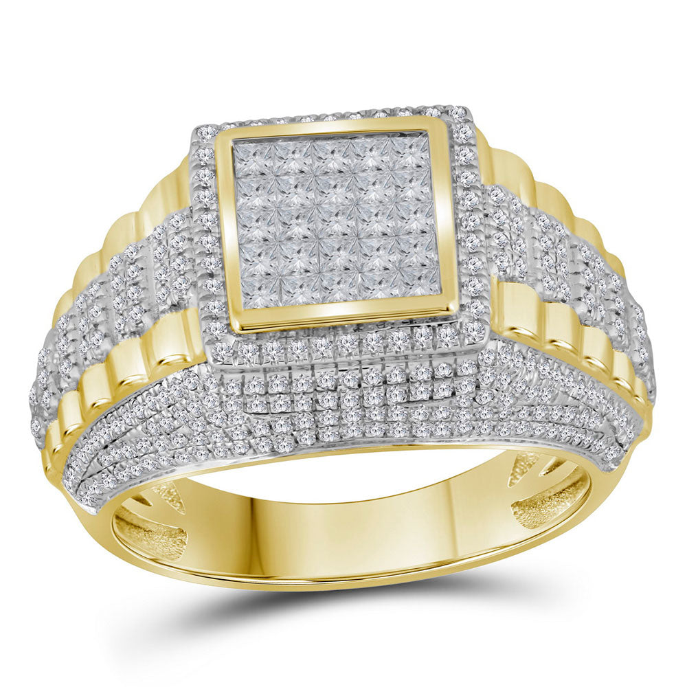 10kt Yellow Gold Mens Round Diamond Square Cluster Ring 1-1/3 Cttw