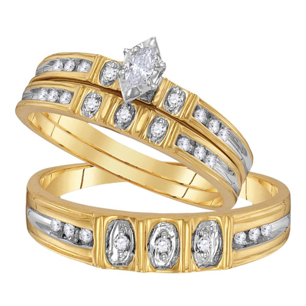 10kt Yellow Gold His Hers Marquise Diamond Solitaire Matching Wedding Set 1/4 Cttw