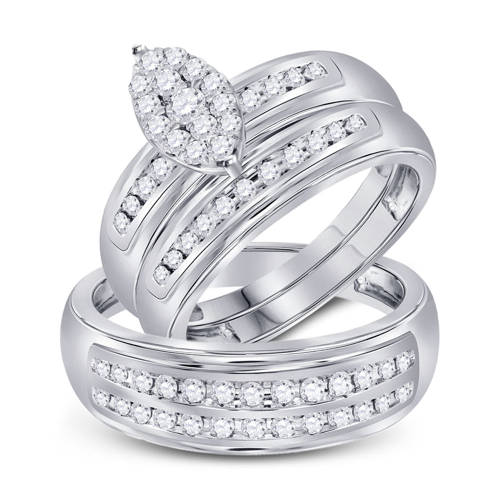 10kt White Gold His Hers Round Diamond Cluster Matching Wedding Set 3/4 Cttw