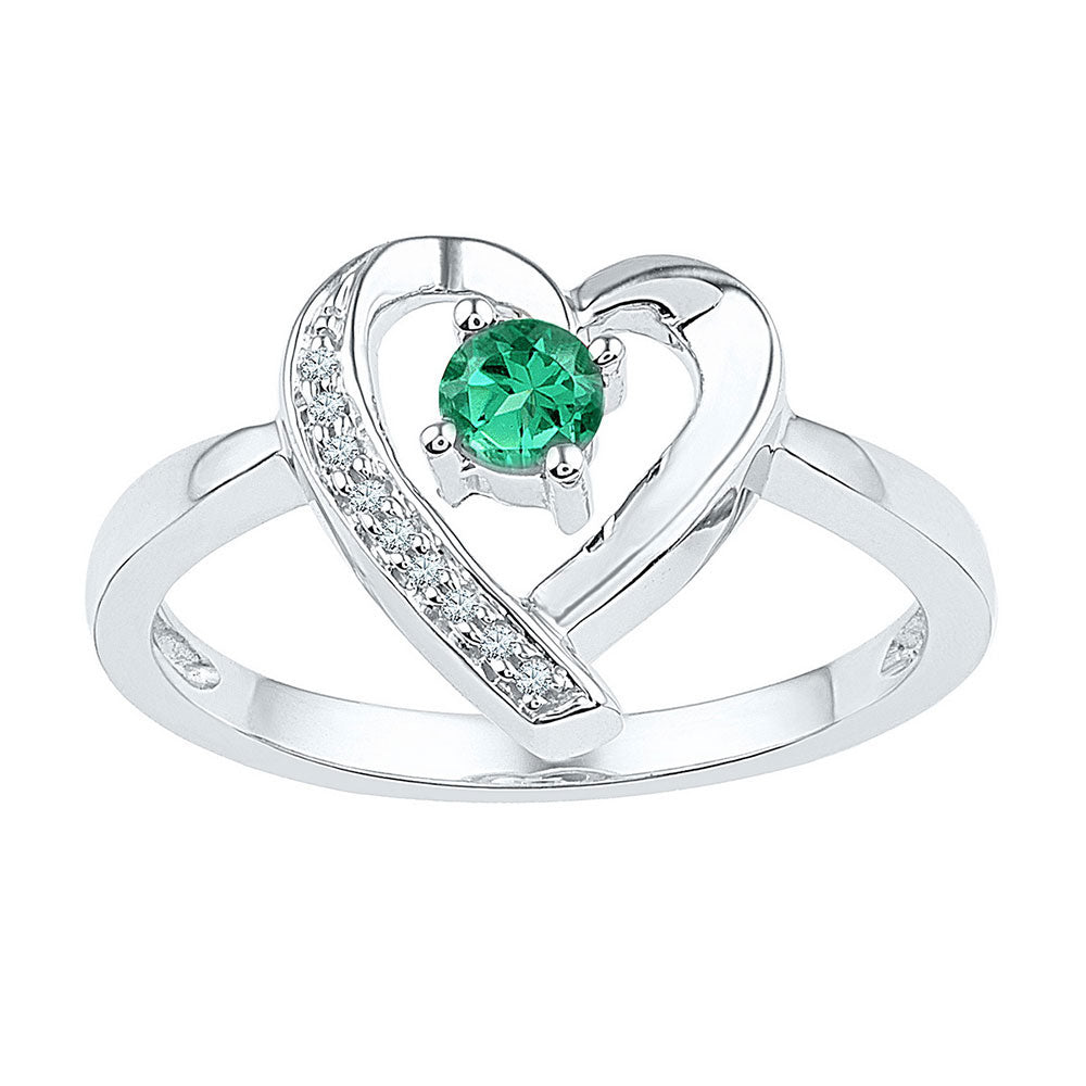 Sterling Silver Womens Round Synthetic Emerald Solitaire Heart Ring 1/4 Cttw
