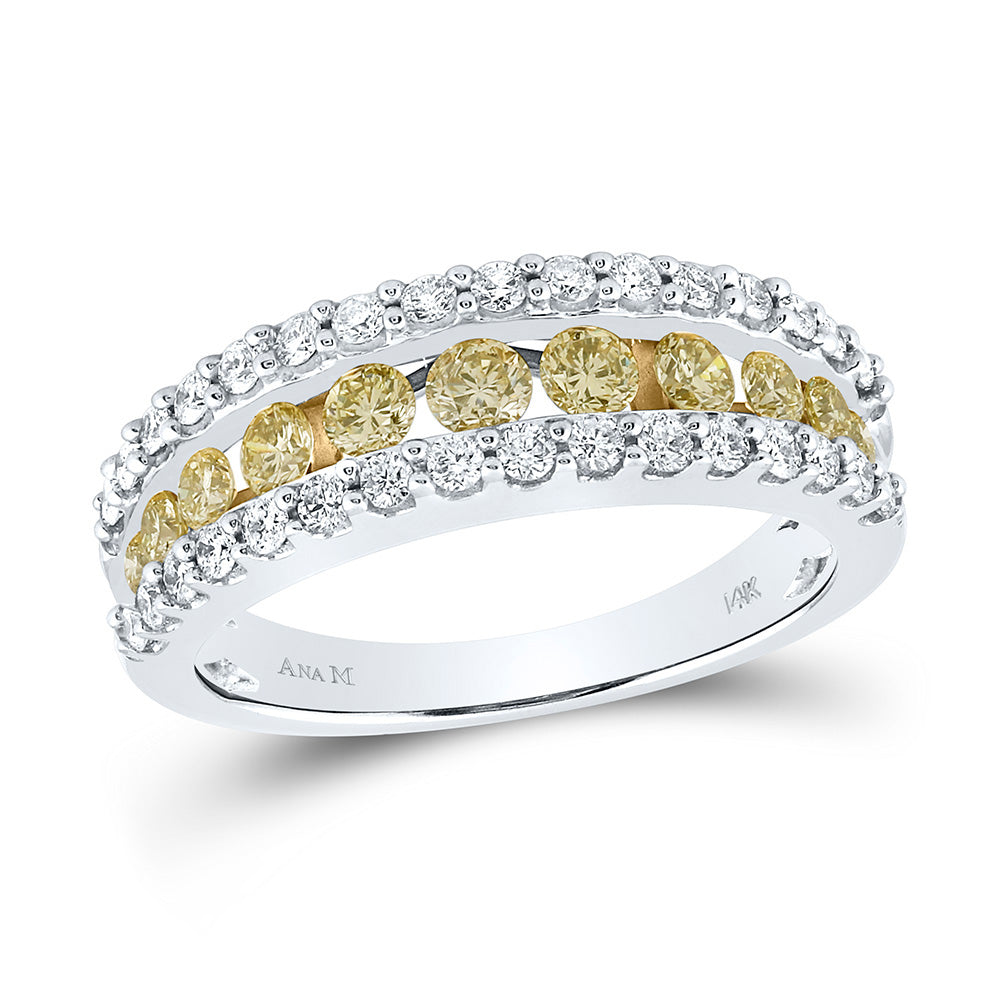 14kt White Gold Womens Round Yellow Diamond Band Ring 1 Cttw