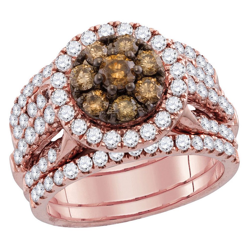 14kt Rose Gold Womens Round Brown Diamond Bridal Wedding Ring Band Set 3 Cttw
