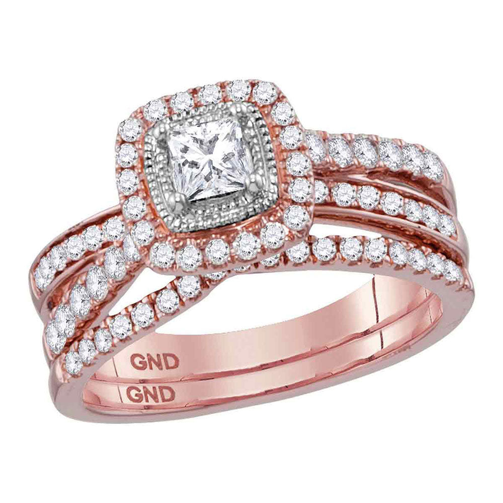 14kt Rose Gold Princess Diamond Bridal Wedding Ring Band Set 1 Cttw