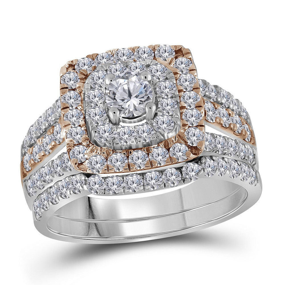 14kt Two-tone Gold Round Diamond Bridal Wedding Ring Band Set 1-1/2 Cttw