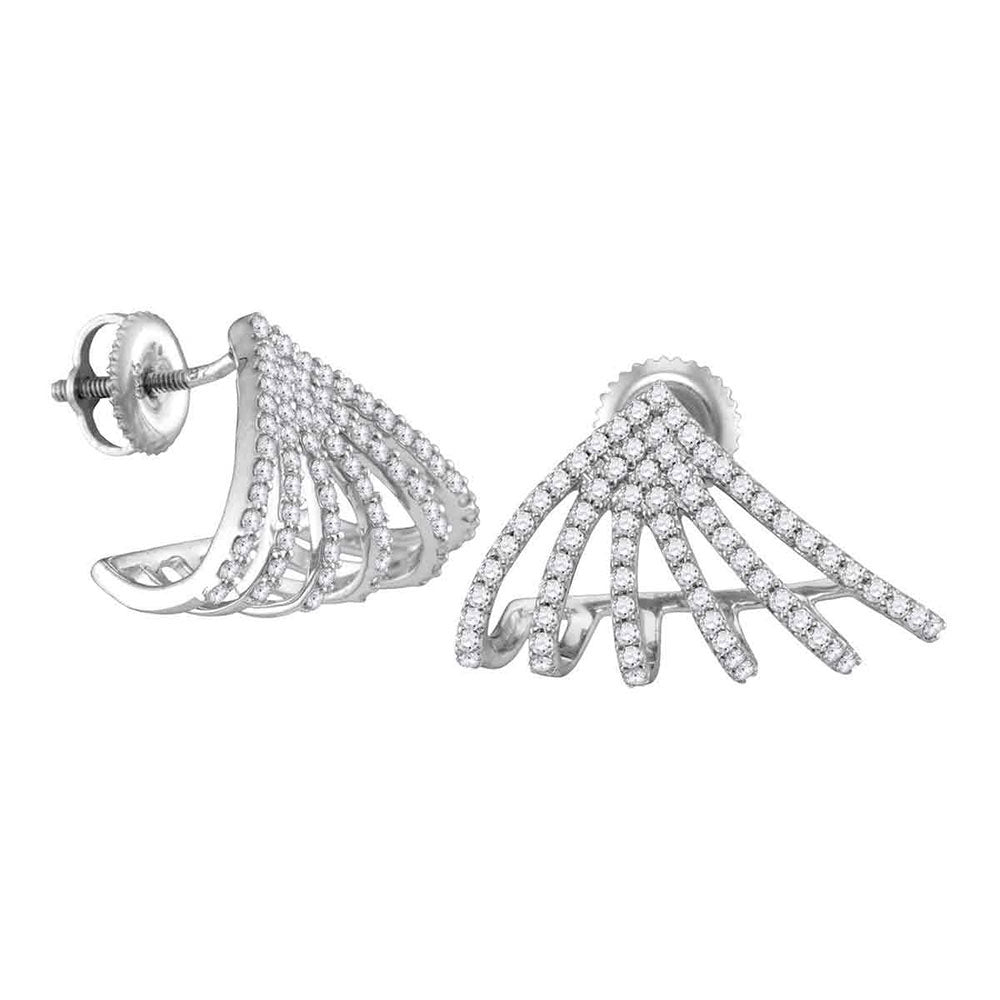 10kt White Gold Womens Round Diamond Half J Hoop Cuff Earrings 5/8 Cttw