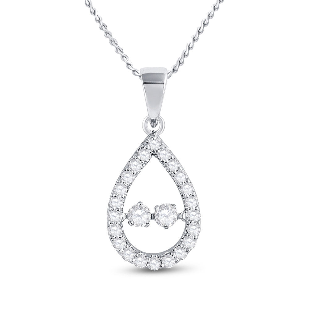 10kt White Gold Womens Round Diamond Moving Twinkle 2-Stone Teardrop Pendant 1/2 Cttw