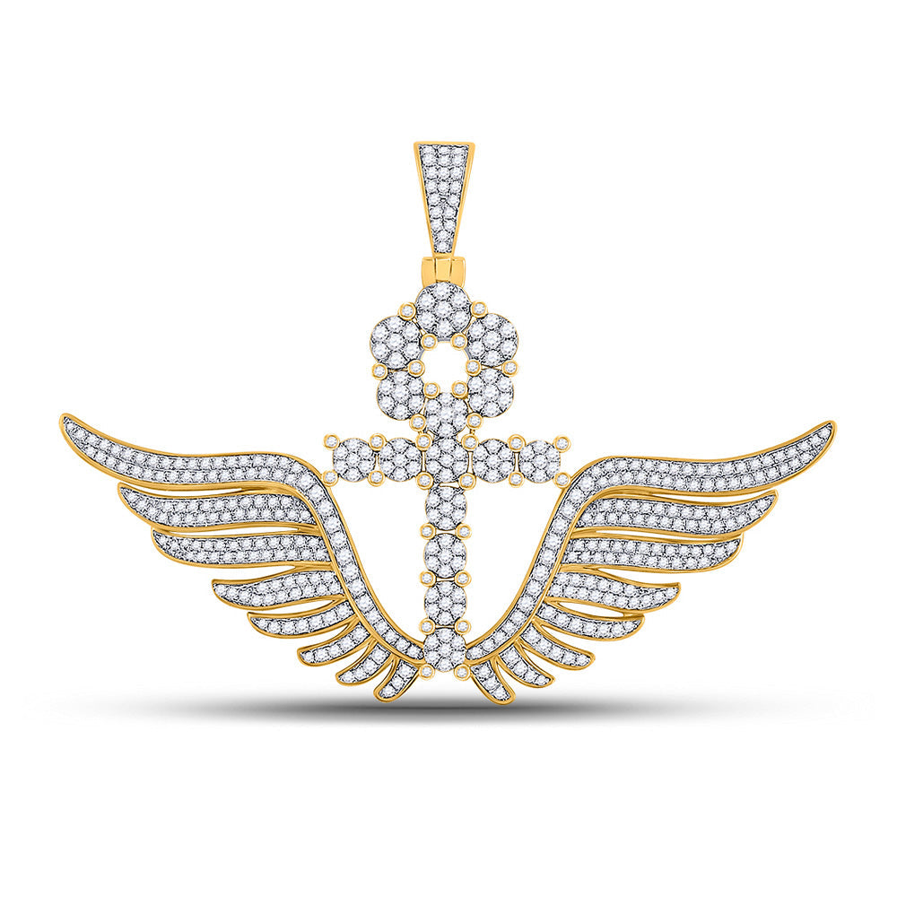 10kt Yellow Gold Mens Round Diamond Ankh Wings Charm Pendant 3-1/4 Cttw