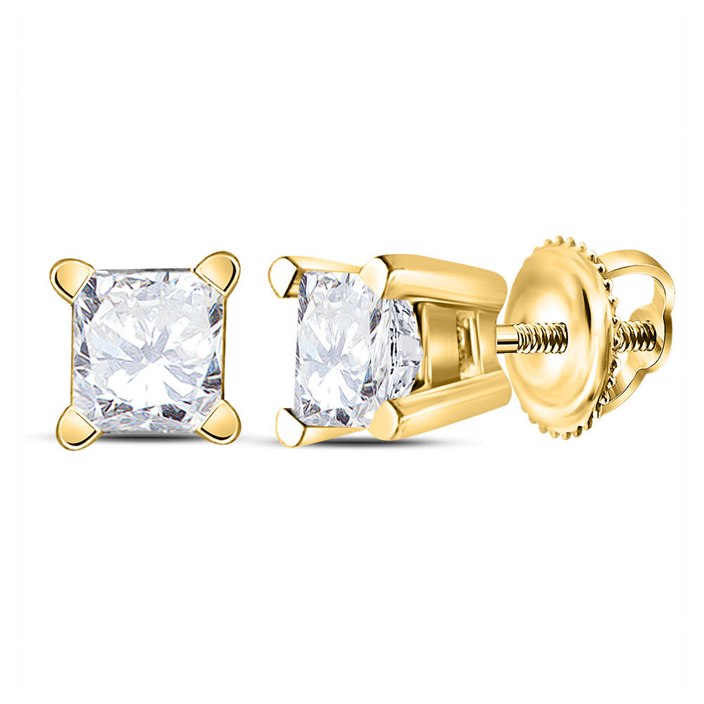 14kt Yellow Gold Unisex Princess Diamond Solitaire Stud Earrings 1/2 Cttw