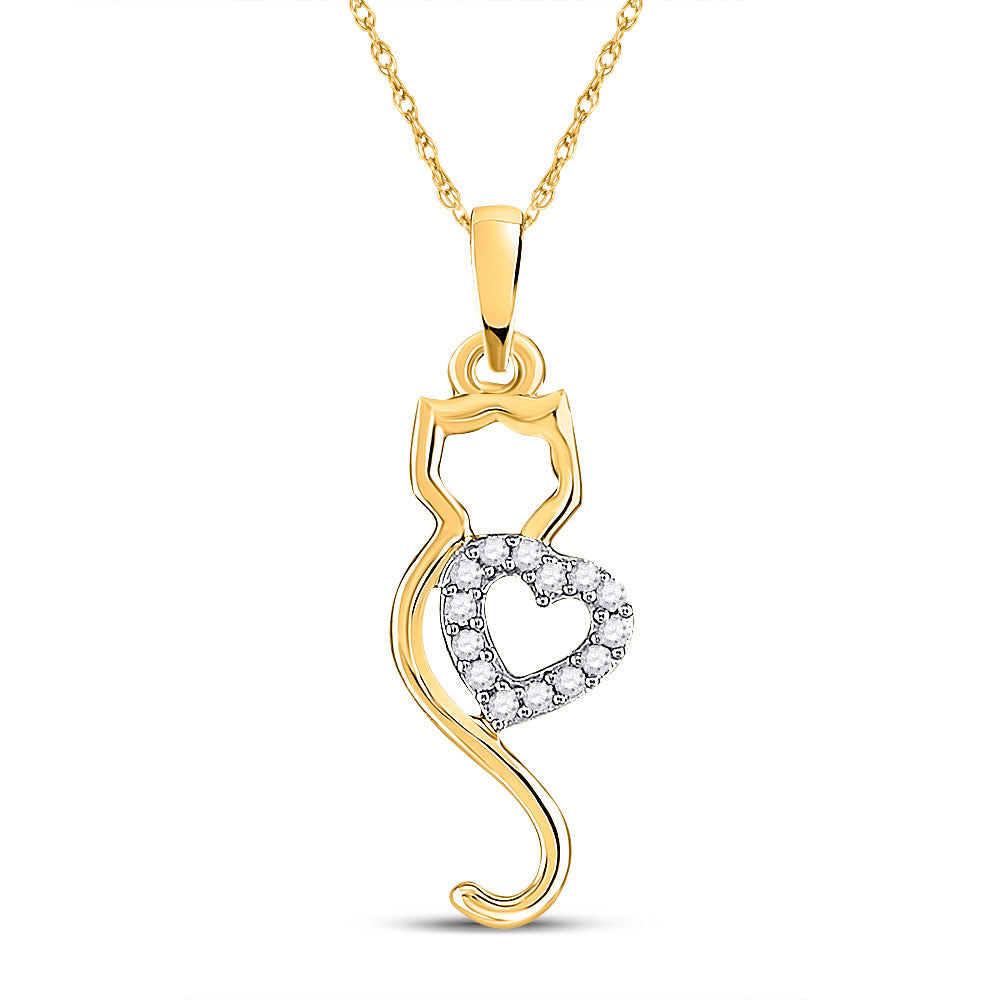 10kt Yellow Gold Womens Round Diamond Cat Heart Animal Pendant 1/10 Cttw