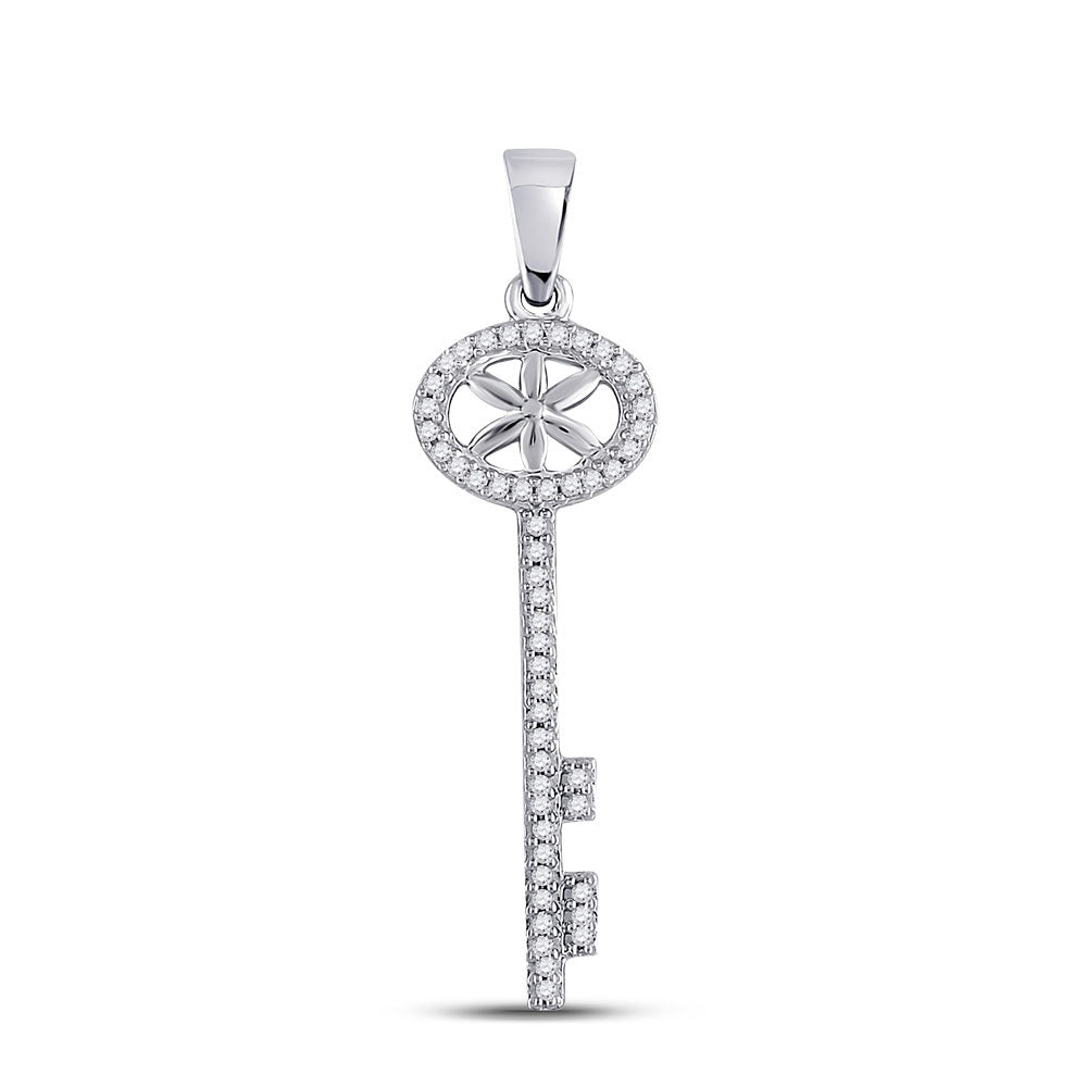10kt White Gold Womens Round Diamond Key Pendant 1/6 Cttw