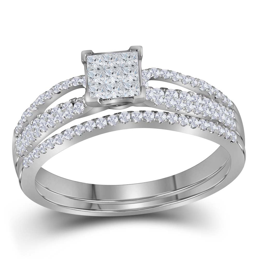 14kt White Gold Princess Diamond Bridal Wedding Ring Band Set 1/2 Cttw