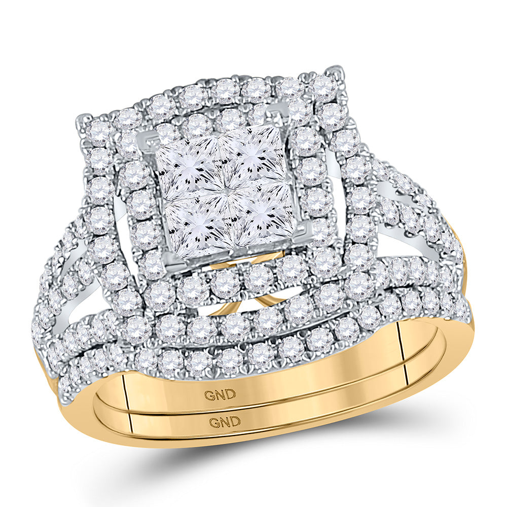 14kt Yellow Gold Princess Diamond Bridal Wedding Ring Band Set 2 Cttw