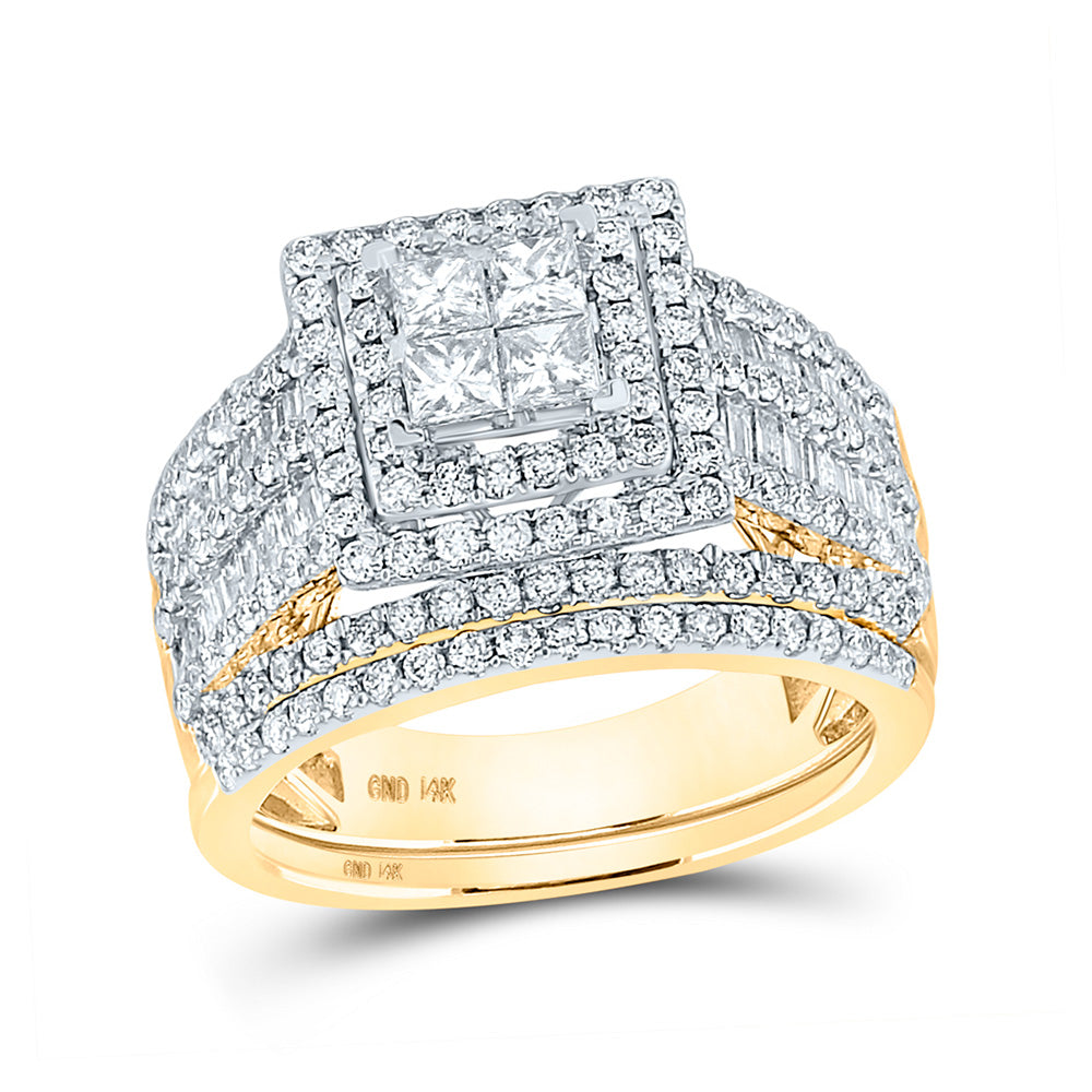 14kt Yellow Gold Princess Diamond Square Bridal Wedding Ring Band Set 2 Cttw