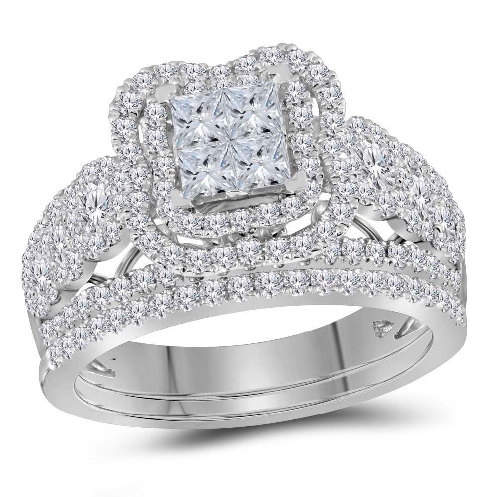 14kt White Gold Princess Diamond Bridal Wedding Ring Band Set 1-3/4 Cttw