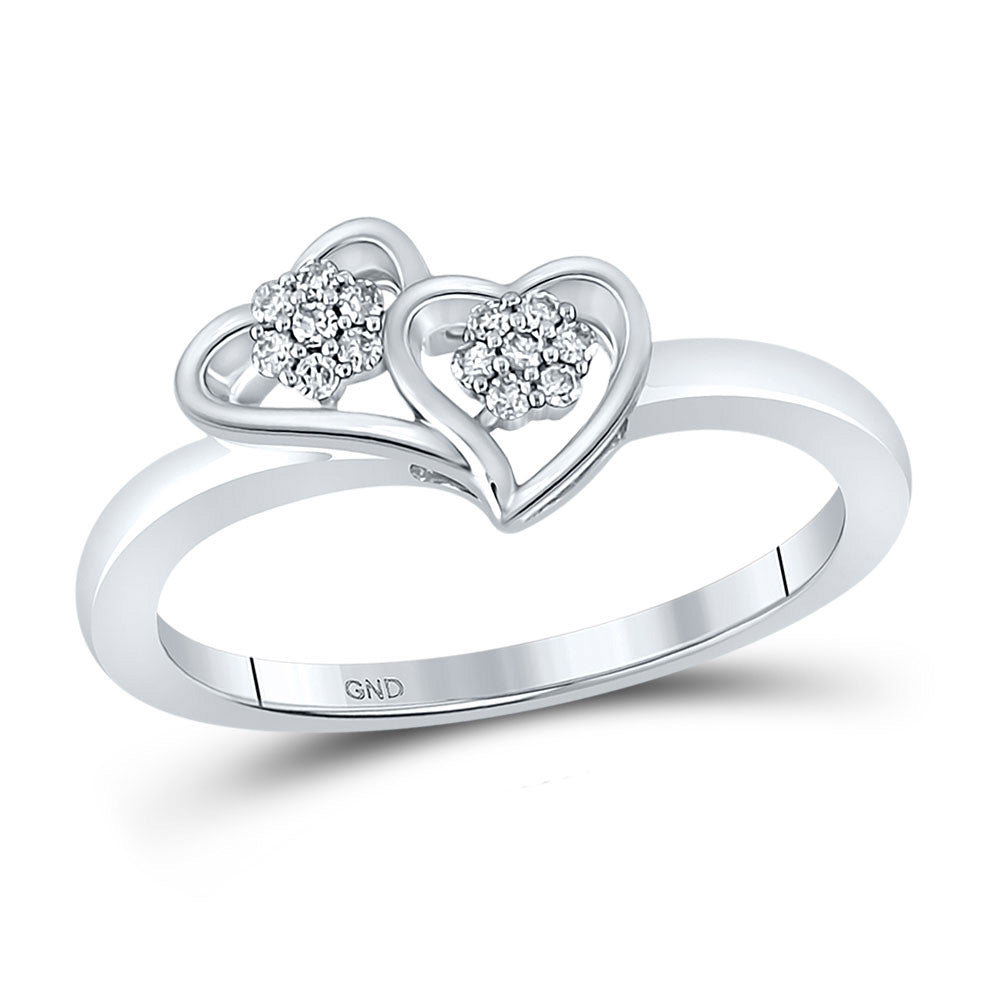 10kt White Gold Womens Round Diamond Double Heart Ring 1/10 Cttw