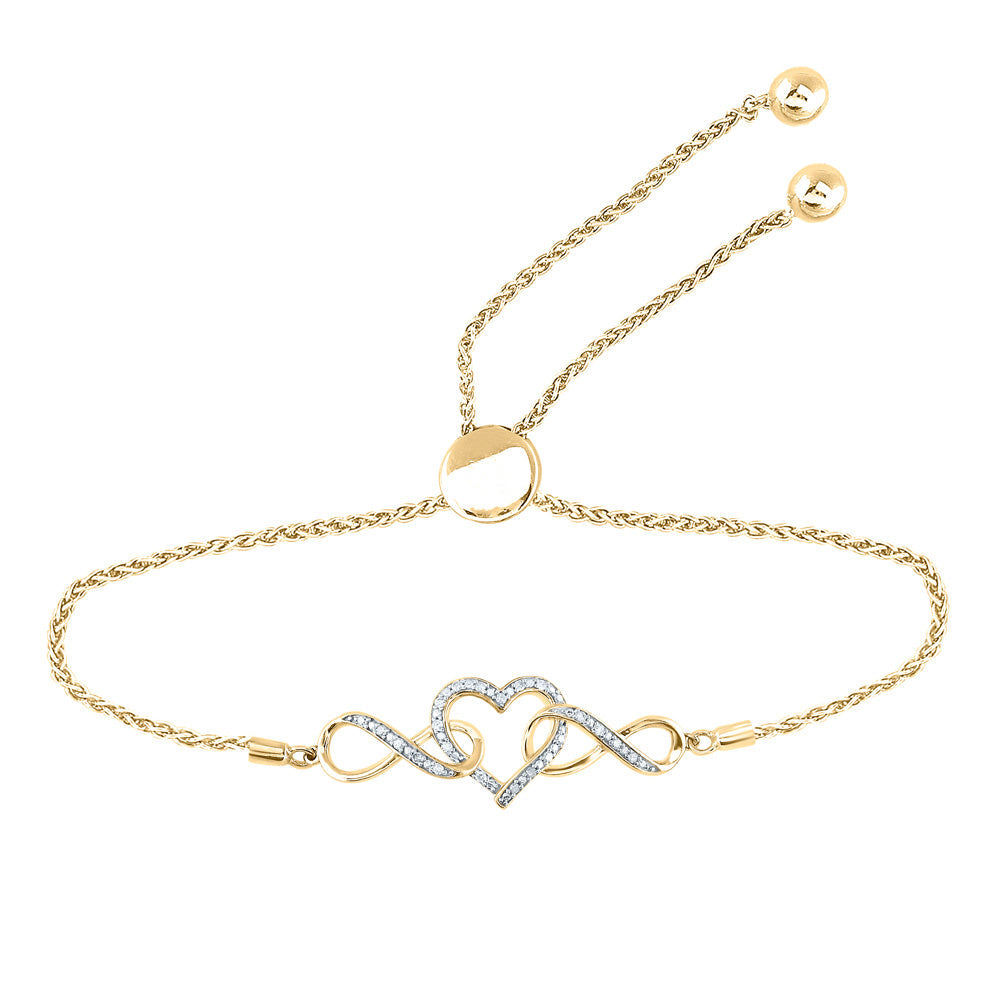 Yellow-tone Sterling Silver Womens Round Diamond Heart Bolo Bracelet 1/6 Cttw