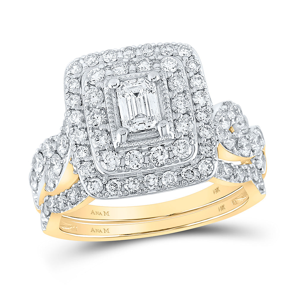 14kt Yellow Gold Emerald Diamond Halo Bridal Wedding Ring Band Set 2 Cttw