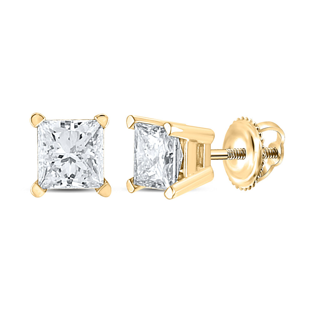 14kt Yellow Gold Unisex Princess Diamond Solitaire Stud Earrings 1 Cttw