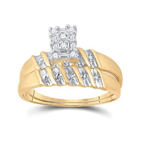Load image into Gallery viewer, 10kt Yellow Gold His Hers Round Diamond Cluster Matching Wedding Set 1/10 Cttw
