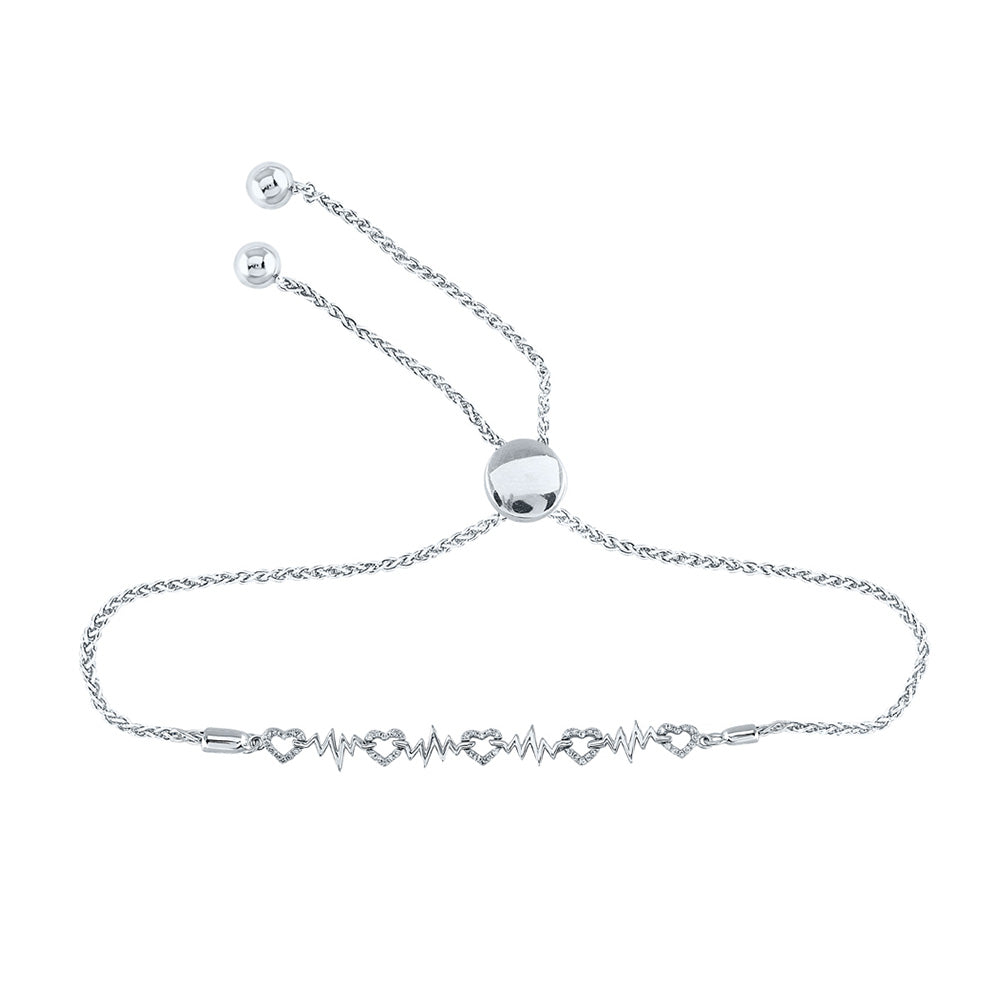 Sterling Silver Womens Round Diamond Heartbeat Bolo Bracelet 1/6 Cttw