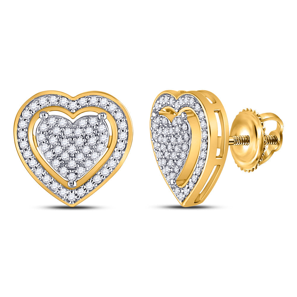 10kt Yellow Gold Womens Round Diamond Heart Earrings 1/4 Cttw