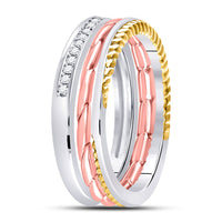 Load image into Gallery viewer, 10kt Tri-Tone Gold Womens Round Diamond 3-Piece Stackable Band Ring Set 1/6 Cttw
