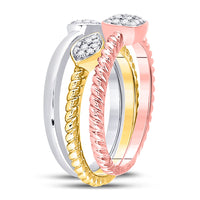 Load image into Gallery viewer, 10kt Tri-Tone Gold Womens Round Diamond Trio Stackable Band Ring Set 1/5 Cttw
