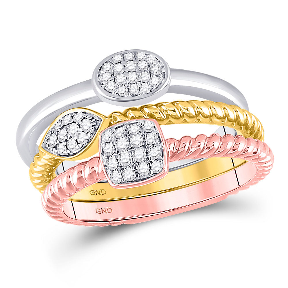 10kt Tri-Tone Gold Womens Round Diamond Trio Stackable Band Ring Set 1/5 Cttw