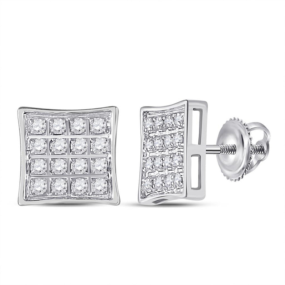 10kt White Gold Mens Round Diamond Square Earrings 1/10 Cttw