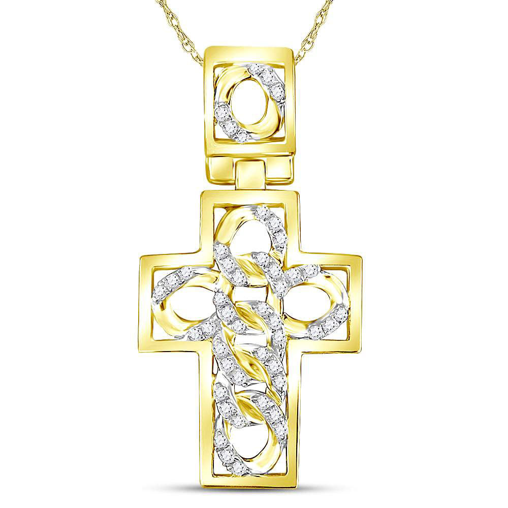 10kt Yellow Gold Mens Round Diamond Curb Link Cuban Cross Charm Pendant 1/3 Cttw
