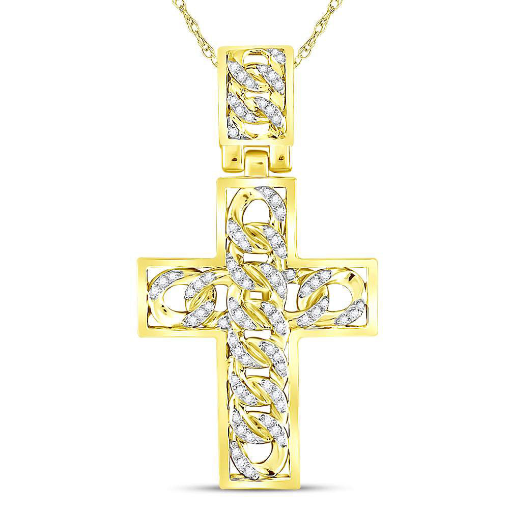 10kt Yellow Gold Mens Round Diamond Curb Link Cross Charm Pendant 5/8 Cttw